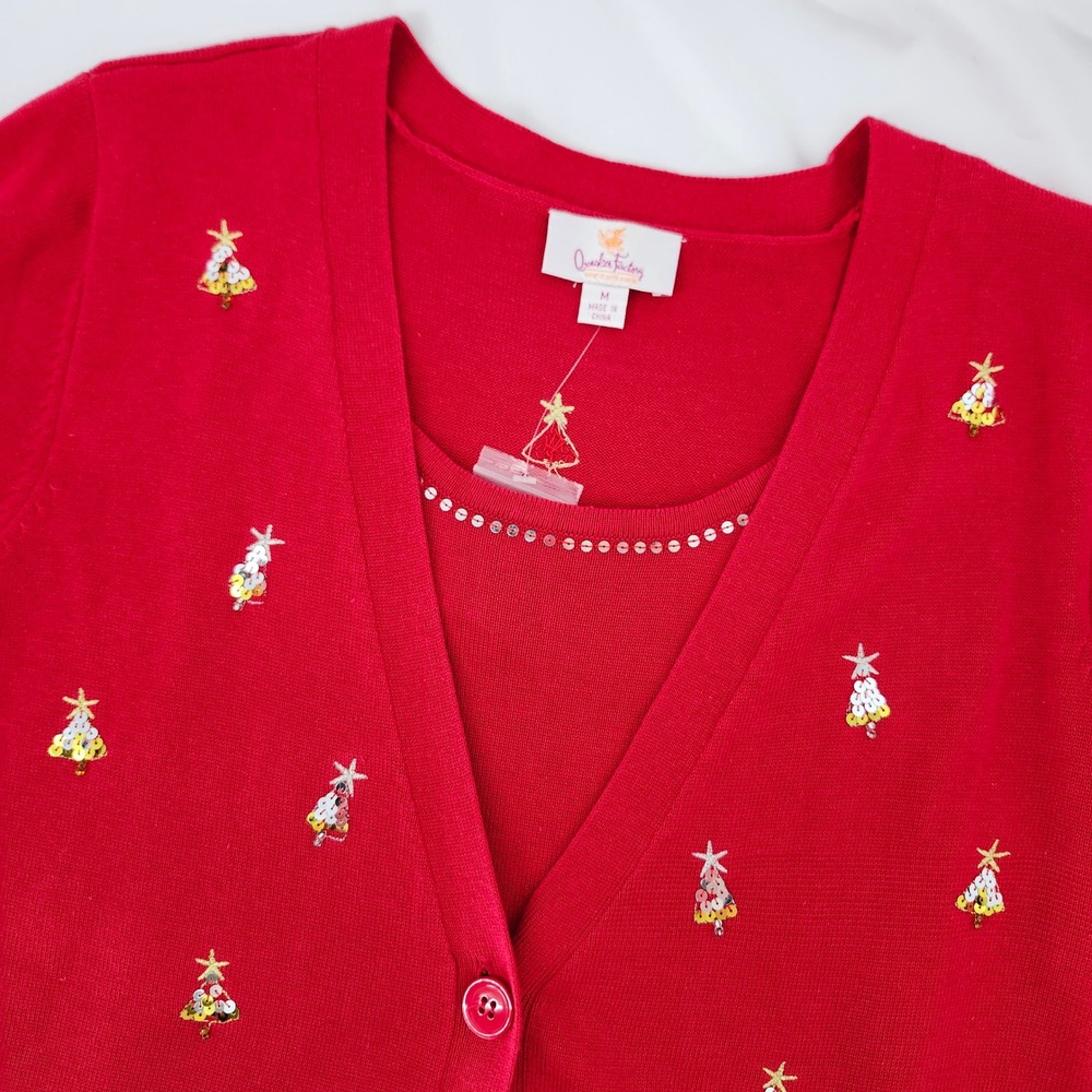 Quacker Factory Womens Red Sequin Christmas Tree Cardigan Size M Holiday Festive